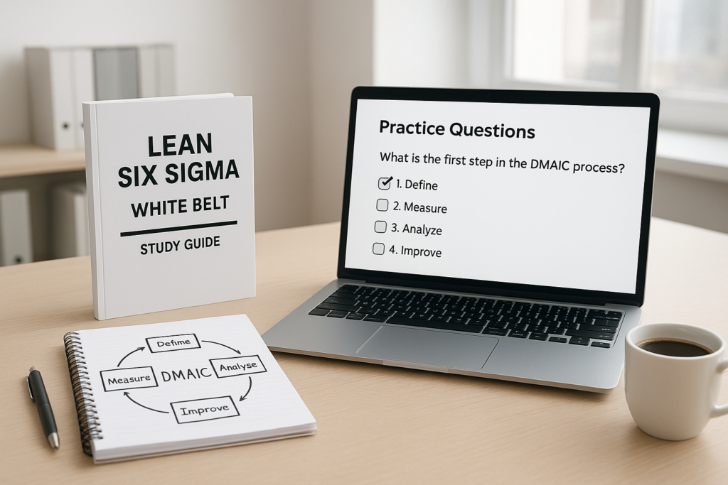 Lean Six Sigma White Belt Certification study guide materials and practice questions in a modern office.