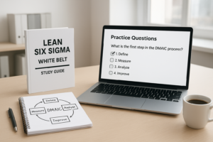 Lean Six Sigma White Belt Certification study guide materials and practice questions in a modern office.