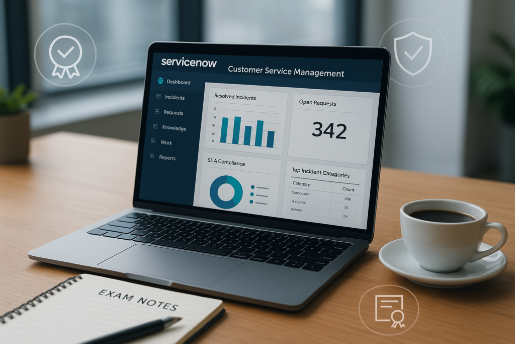 CIS-CSM study guide workspace with ServiceNow dashboard and exam notes