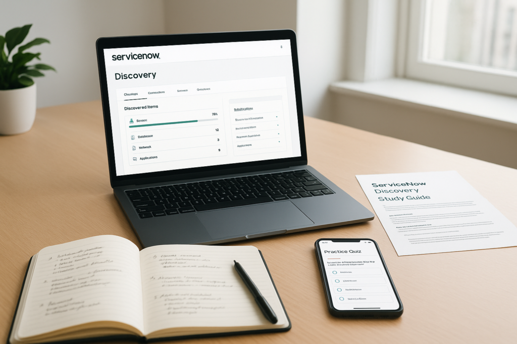Study desk with ServiceNow Discovery exam materials and digital practice questions