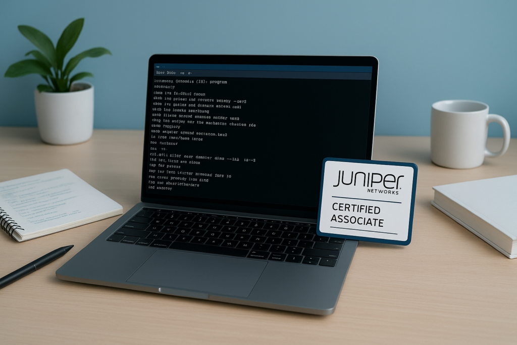 JNCIA-Junos study guide workspace with Junos OS CLI and certification badge
