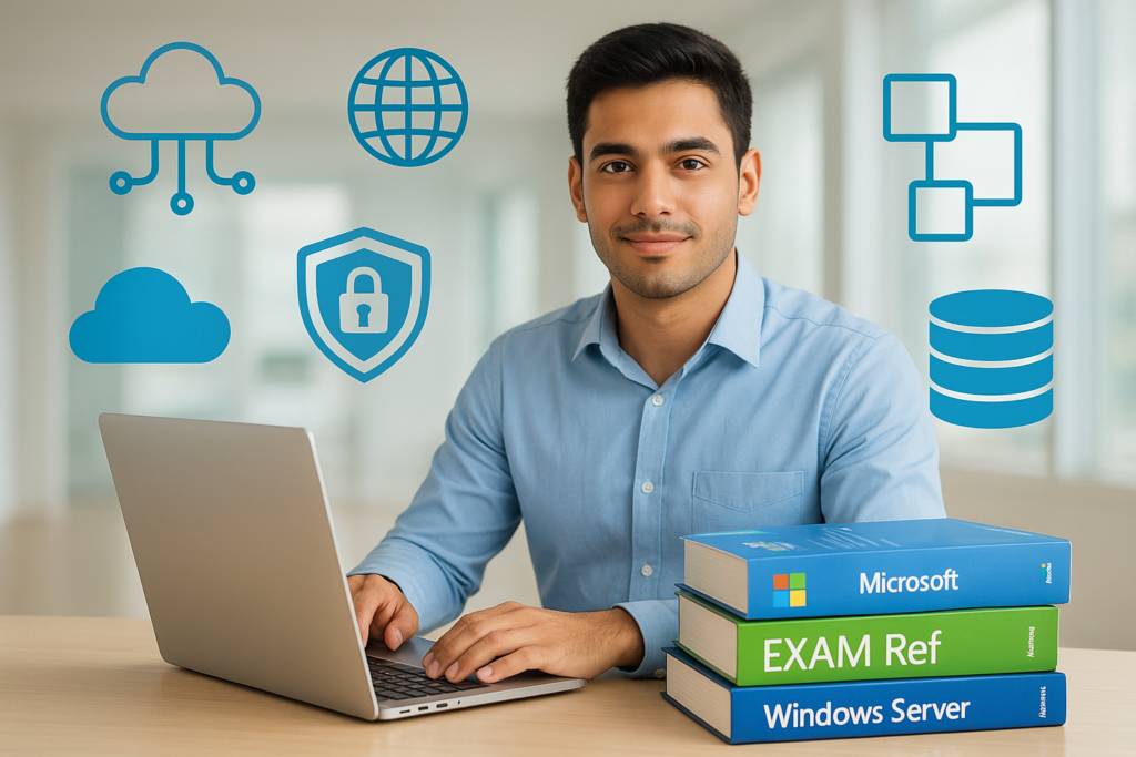 Student preparing for Microsoft Technology Associate certification (MTA) exam with study materials.