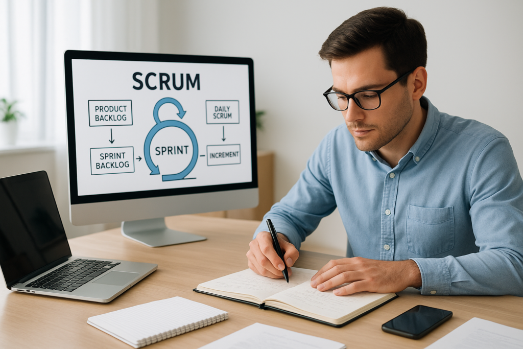 Professional preparing for PSPO III exam with Scrum materials and digital resources.